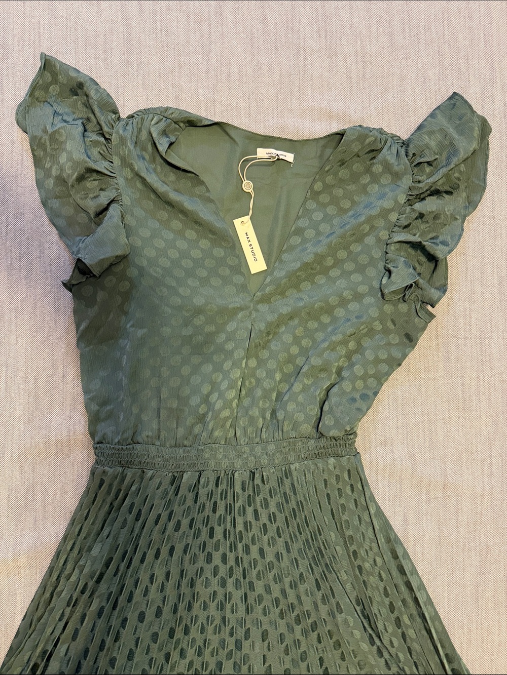 Max Studio Green with dots Pleated Midi Dress with Flutter Sleeves - Picture 2 of 7